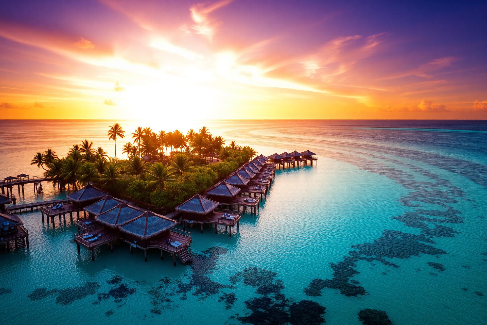 Aerial view of a tropical island resort with overwater bungalows at sunset