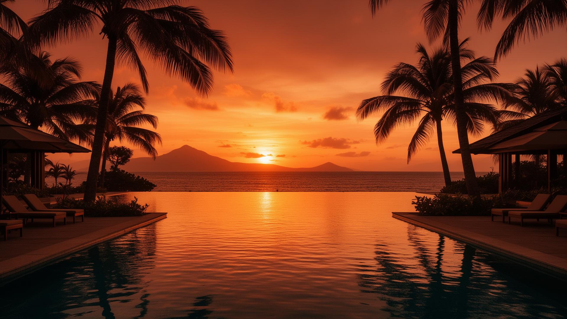 Tropical resort infinity pool at sunset with palm trees and ocean view